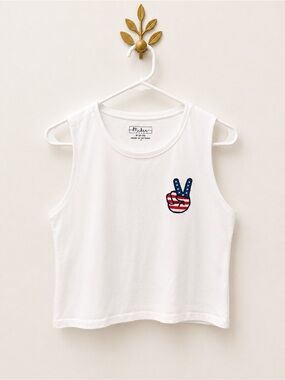 Miken Kids White Tank Top with Red & Blue Patriotic Peace Patch